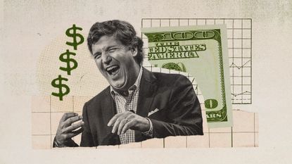 Photo collage of Tucker Carlson, a 100 dollar bill, and a chart in the background