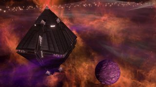 A big diamond shaped space station hangs in an orange nebula, orbiting a purple planet.