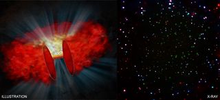 Left: An illustration shows what a shrouded black hole might look like. Right: An image of the Chandra Deep Field-South (CDF-S) highlights where the new cocooned black holes were detected.