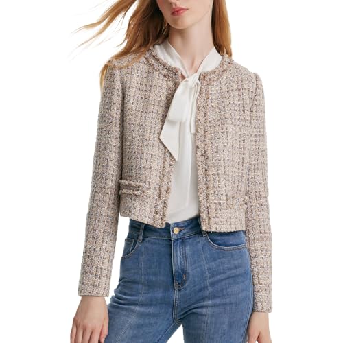 Goelia Tweed Jackets for Women Blazers for Women Uk Tweed Cropped Blazer Jacket for Women Open Front Long Sleeve Slim Fit Business Casual Ladies Blazer Beige Womens Blazer Jackets for Women Uk Elegant