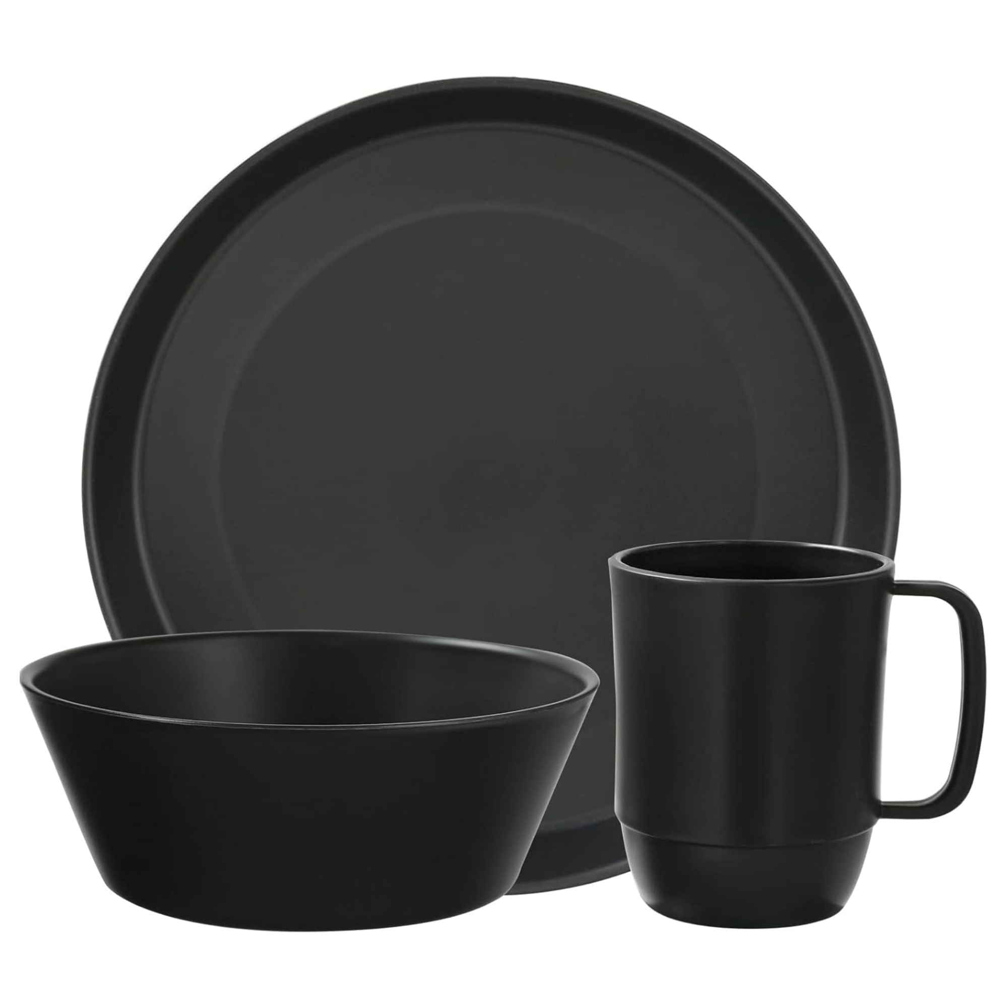 black dinnerware set with a plate, bowl, and mug