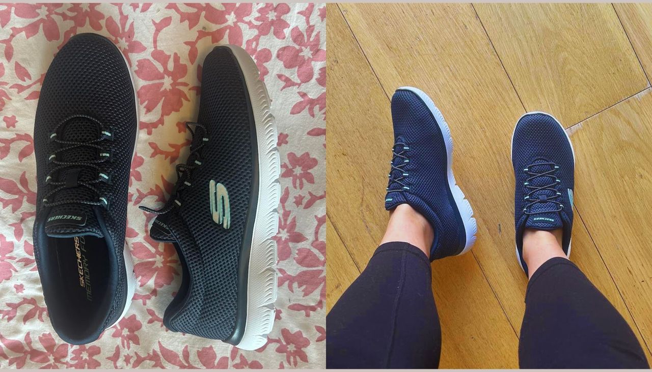 Two side by side images of skechers trainers