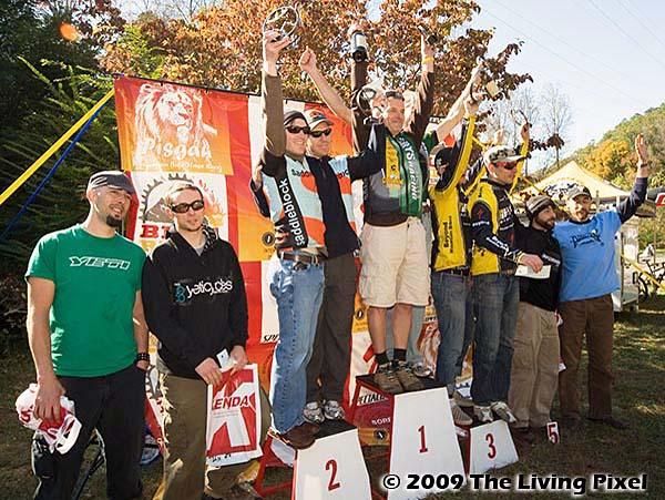 Teams podium including 1st - Ed Hein and Bill Nagel (Guy's Racing Club), 2nd - Scott Miller and Brad Jacobs, 3rd - Stephen Tebbett and James Poole (Specialized UK/WDMBC), 4th - Shawn McCann and Jon Magnuson (Harpers Bike Shop/Yeti Cycles), 5th - Christopher Danz and David Swan (GT Dirt Coalition/Performance Bicycle)