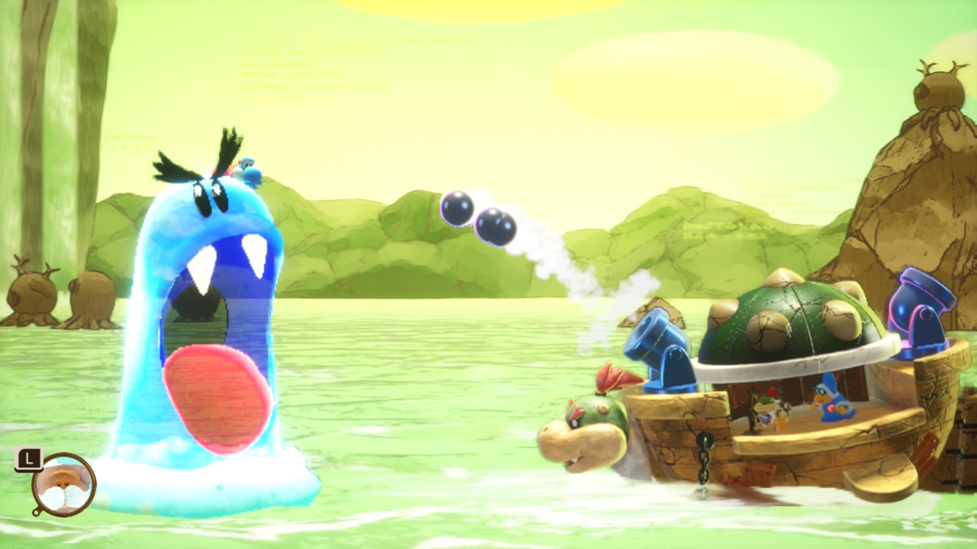 Yoshi and a water monster fighting Kamek and Bowser Jr. in Yoshi and the Mysterious Book