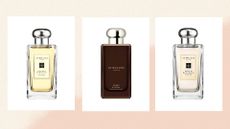 Collage of three of the best Jo Malone perfumes featured in this guide (left to right): Lime Basil and Mandarin, Myrrh and Tonka, and Peony and Blush Suede