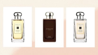 Collage of three of the best Jo Malone perfumes featured in this guide (left to right): Lime Basil and Mandarin, Myrrh and Tonka, and Peony and Blush Suede