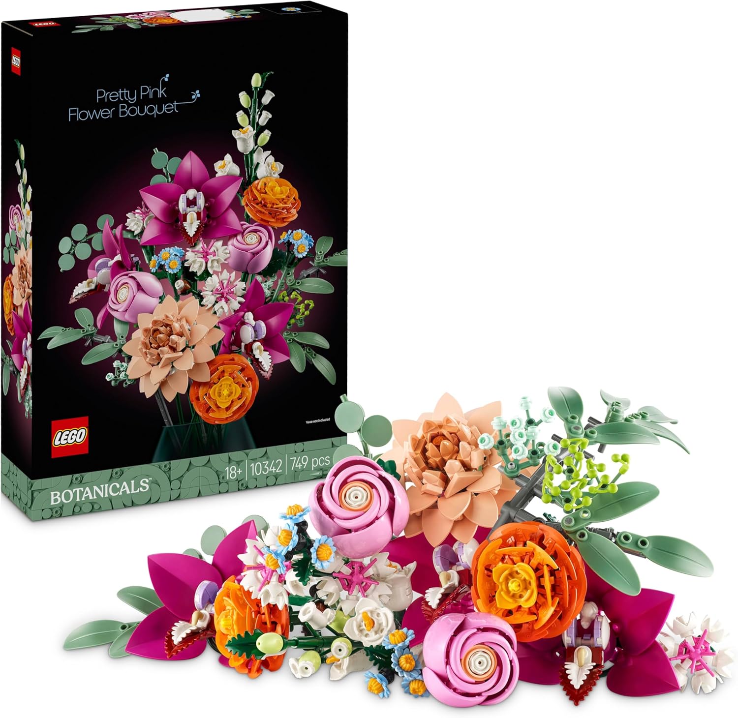 Lego Botanicals Pretty Pink Flower Bouquet Set for Adults - Floral Home Decor Building Kit With Artificial Roses, Daisies, Cornflowers and Elderflowers - Nature Gifts for Women and Men - 10342