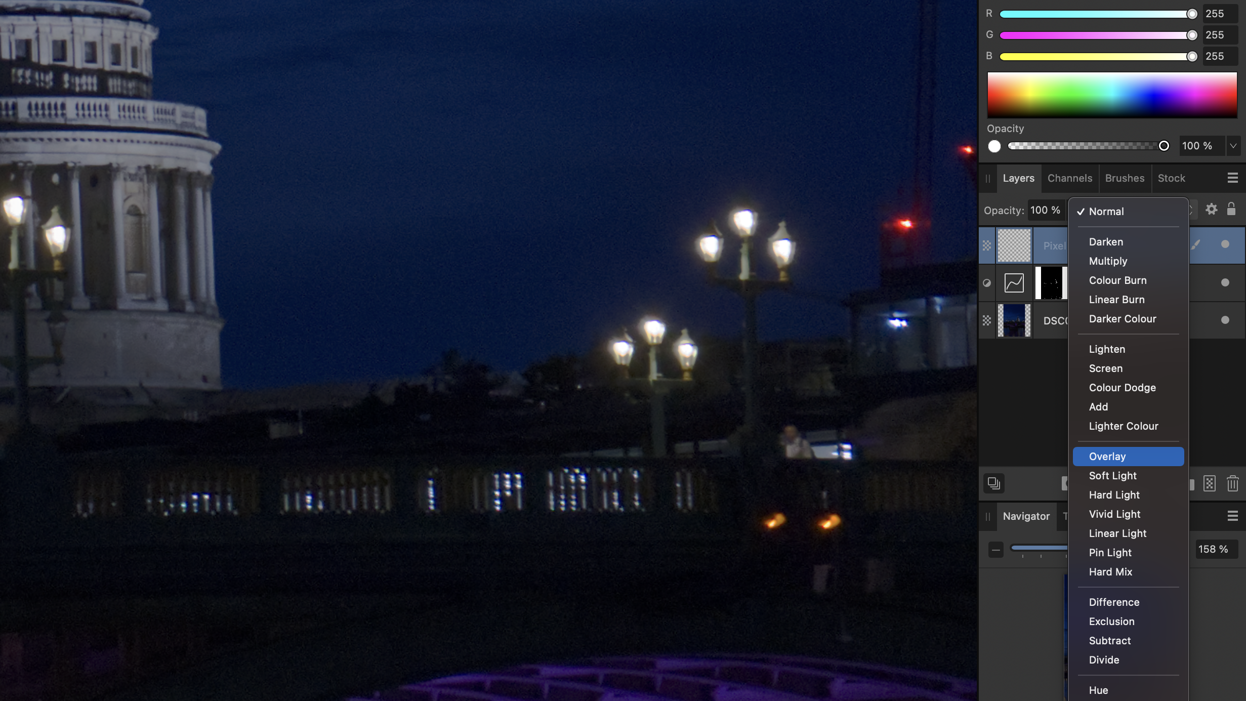 Nighttime view of a historic building's dome with glowing street lamps. Editing software interface overlays on the right, featuring color and opacity options