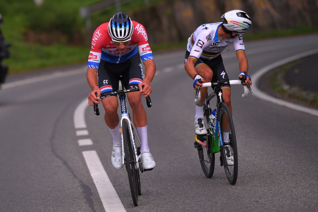 OVERIJSE BELGIUM OCTOBER 07 Mathieu Van Der Poel of Netherlands and Team AlpecinFenix Julian Alaphilippe of France and Team Deceuninck QuickStep Breakaway during the 60th Brabantse Pijl 2020 Men Elite a 197km race from Leuven to OverijseSchavei 106m La Flche Brabanonne BP20 on October 07 2020 in Overijse Belgium Photo by Luc ClaessenGetty Images