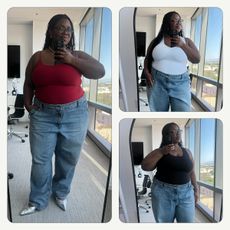 Chichi wears different Tank Air Tank tops in red, white, and black with jeans 