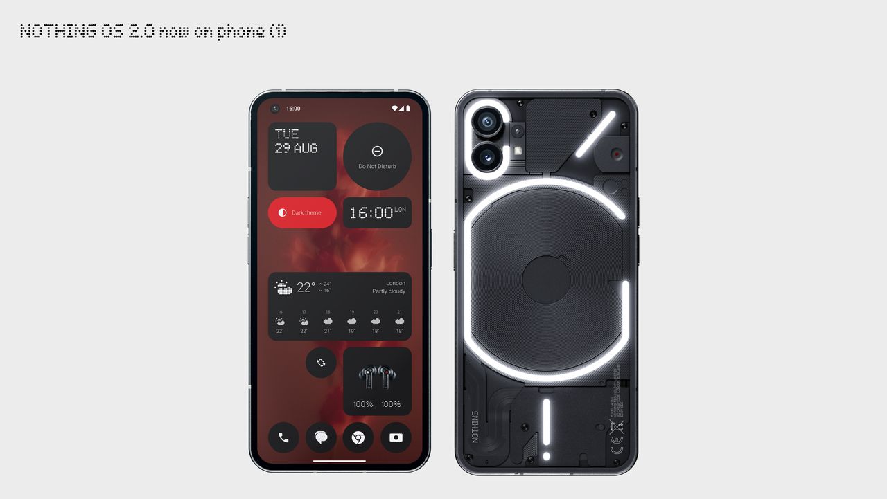 The Nothing Phone (1) in black on a white background, with Nothing OS 2.0 running on it