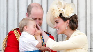 Prince William, Duke of Cambridge, Catherine, Duchess of Cambridge, Prince Louis of Cambridge (sucking his thumb), Prince George of Cambridge and Princess Charlotte of Cambridge stand on the balcony of Buckingham Palace during Trooping The Colour, the Queen's annual birthday parade, on June 8, 2019 in London, England