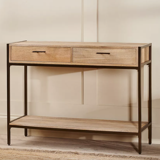 wooden console table with drawers and lower shelf