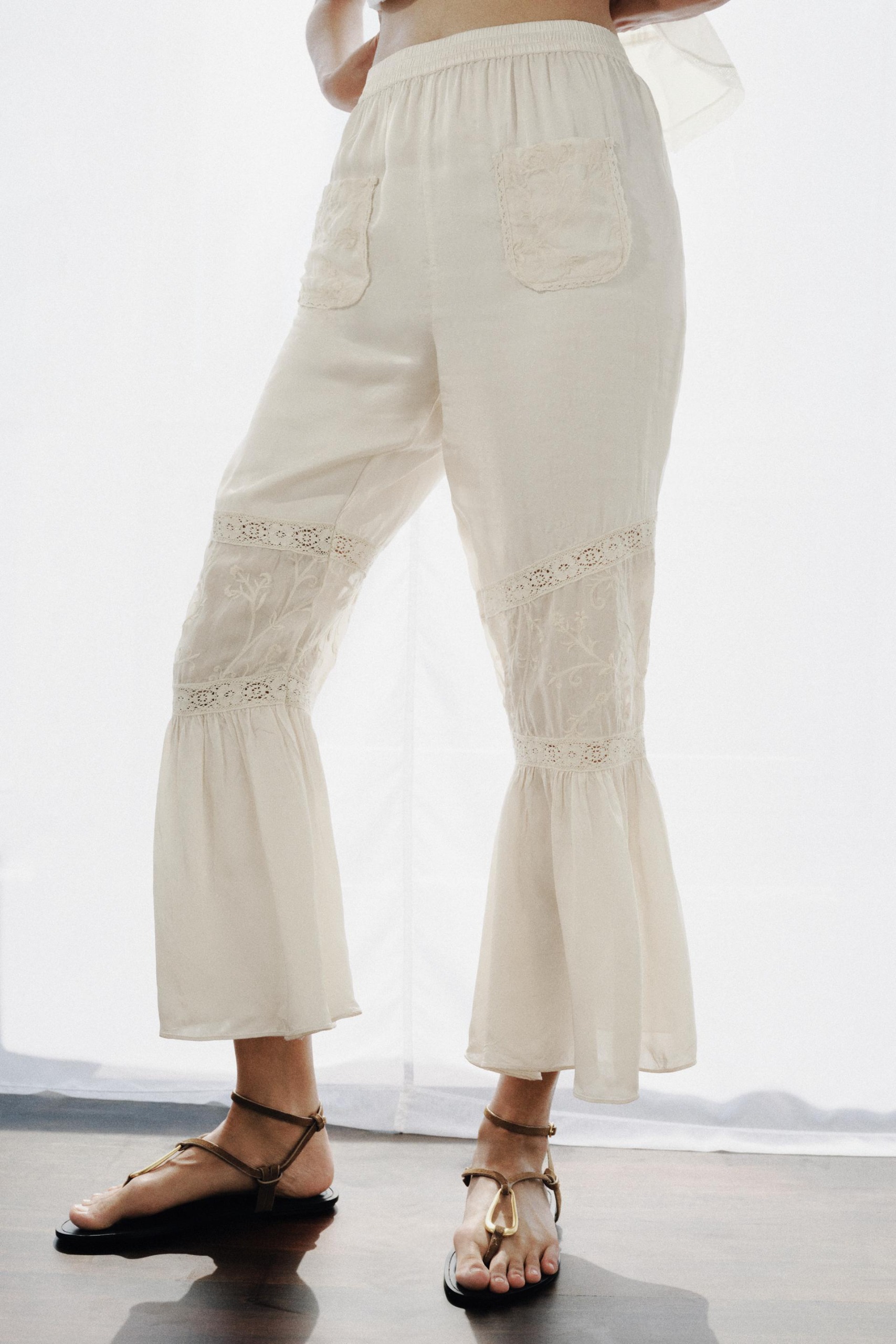 Combination Lace Floral Embroidered Pants - Oyster-White - Xs