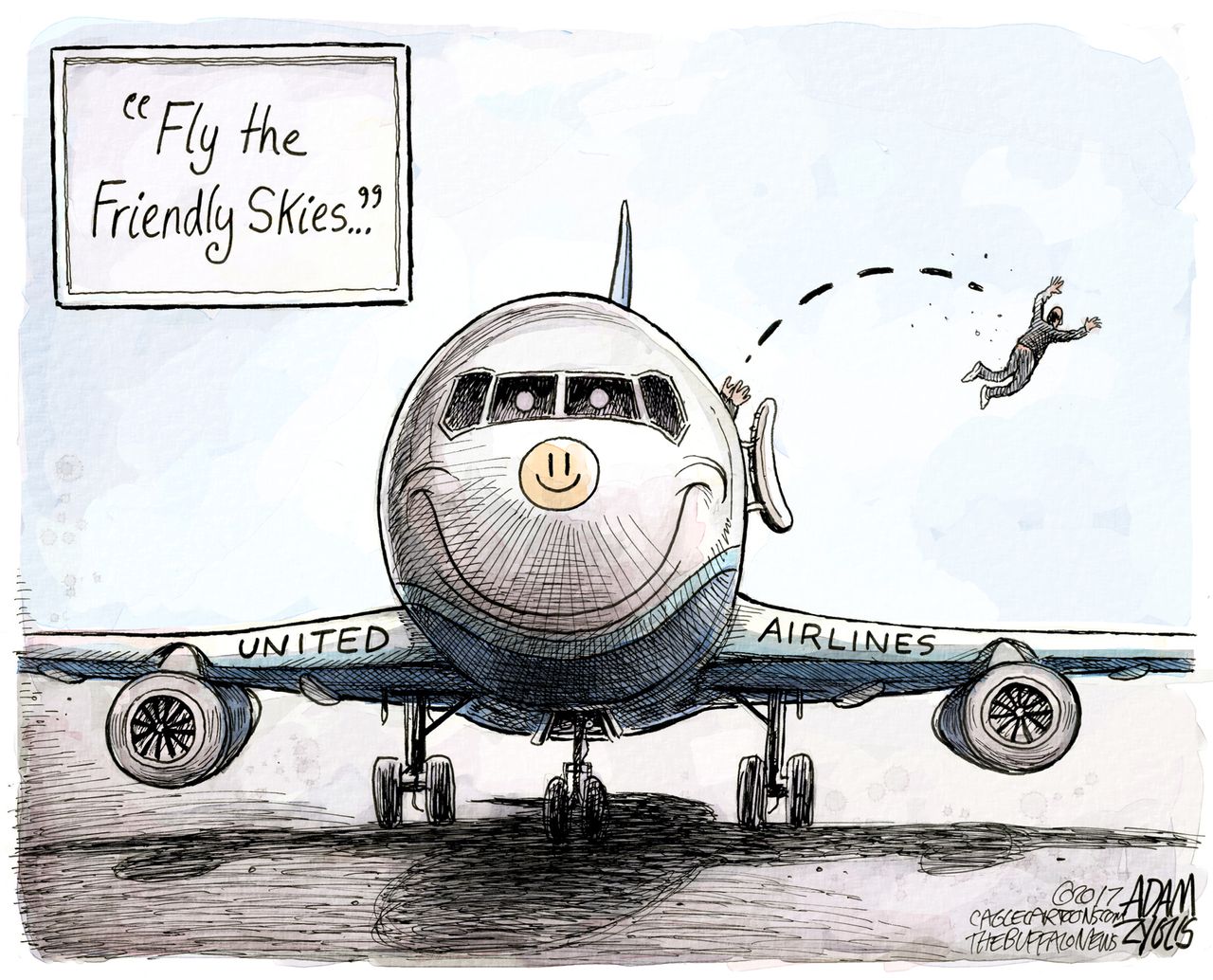 Editorial Cartoon U.S. United airlines overbooked flight passenger friendly skies