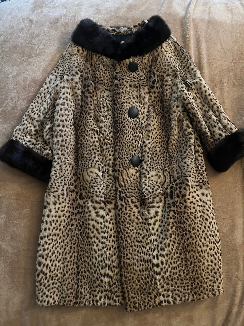 Vintage Mink Fur Coat - Faux Leopard Print, Mink Collar and Cuffs, Midcentury 50s 60s With Large Black Buttons - Pollacks Mink Farm