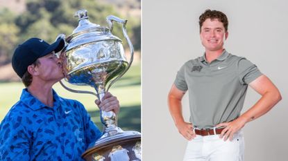 Caden Fioroni kissing the California Amateur Championship trophy and a shot of him wearing UNLV golf uniform