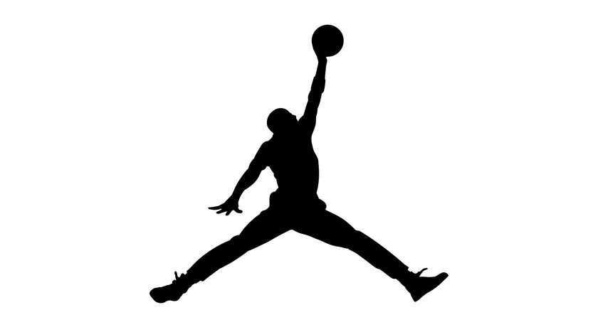 Nike jumpman logo, silohuette of a person jumping up with a ball in one hand