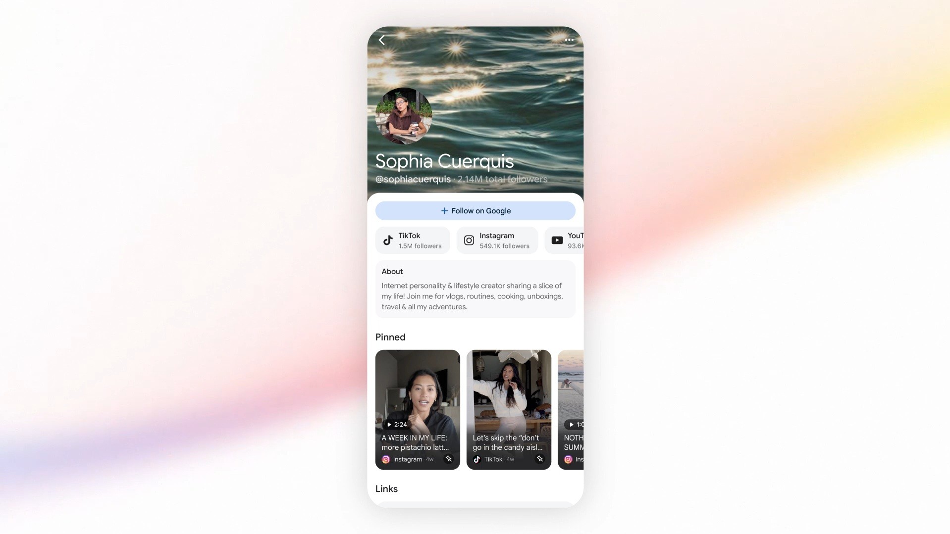Search Profiles let users "Follow on Google," which delivers content from that publisher or content creator to their Discovery feed in the Google app.