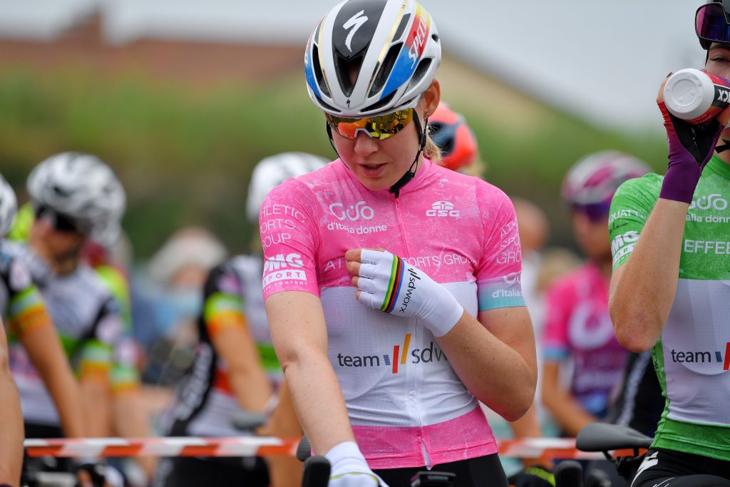 OVADA ITALY JULY 04 Anna Van Der Breggen of Netherlands and Team SD Worx Pink Leader Jersey at start during the 32nd Giro dItalia Internazionale Femminile 2021 Stage 3 a 135km stage from Casale Monferrato to Ovada GiroDonne UCIWWT on July 04 2021 in Ovada Italy Photo by Luc ClaessenGetty Images