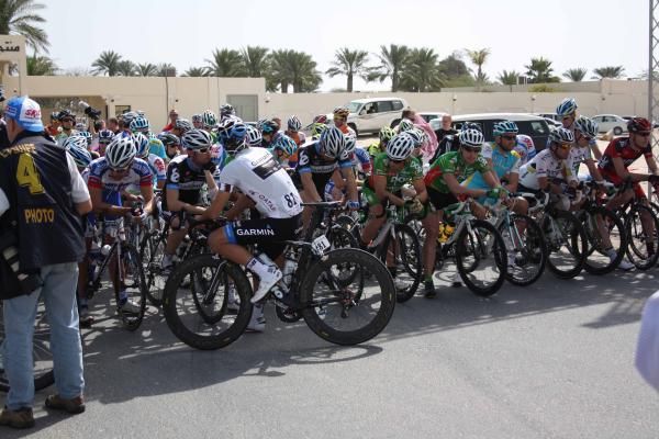 The peloton awaits the start at the Sealine Beach Resort.
