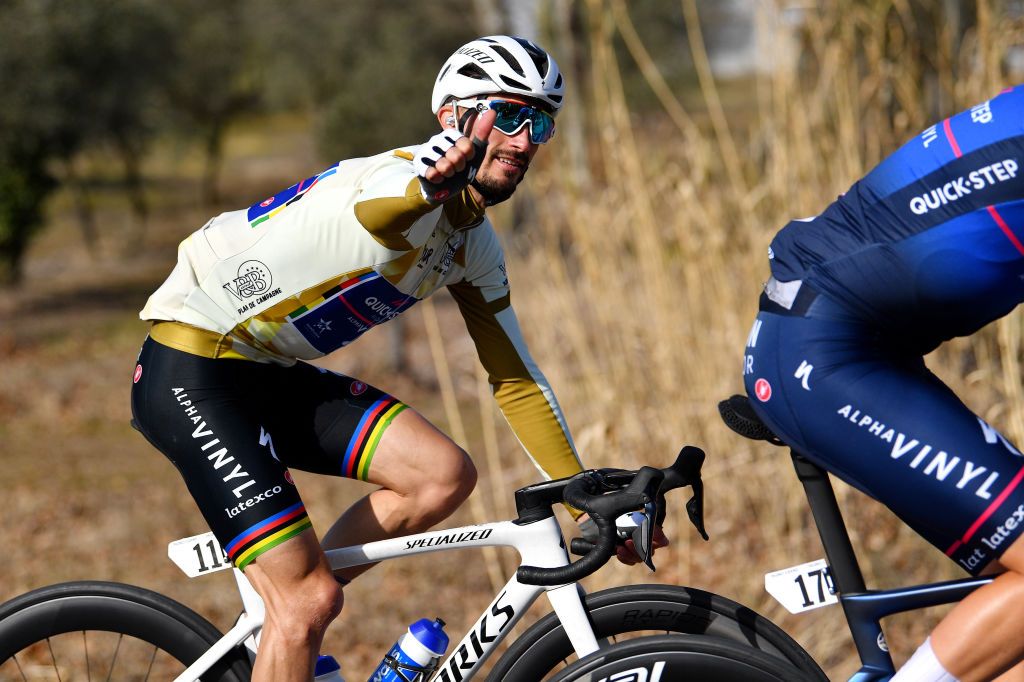 MANOSQUE FRANCE FEBRUARY 12 Julian Alaphilippe of France and Team QuickStep Alpha Vinyl Brown Points Jersey competes during the 6th Tour de La Provence 2022 Stage 2 a 1806km stage from Arles to Manosque 417m TDLP22 on February 12 2022 in Manosque France Photo by Luc ClaessenGetty Images