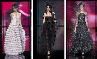 Three separate images of female catwalk models, wearing designer and black theme vale dresses, black and image graphics wall and gloss black floor