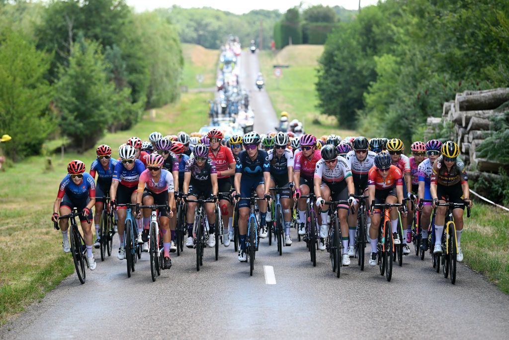 PLANCHE DES BELLES FILLES FRANCE JULY 31 Romy Kasper of Germany and Jumbo Visma Women Team Audrey CordonRagot of France and Team Trek Segafredo Erica Magnaldi of Italy and UAE Team ADQ Chantal Van Den Broek Blaak of Netherlands and Team SD Worx Mischa Bredewold of Netherlands and Team Parkhotel Valkenburg and Ruby RosemanGannon of Australia and Team Bikeexchange Jayco lead the peloton during the 1st Tour de France Femmes 2022 Stage 8 a 1233km stage from Lure to La Super Planche des Belles Filles TDFF UCIWWT on July 31 2022 in Planche des Belles Filles France Photo by Dario BelingheriGetty Images