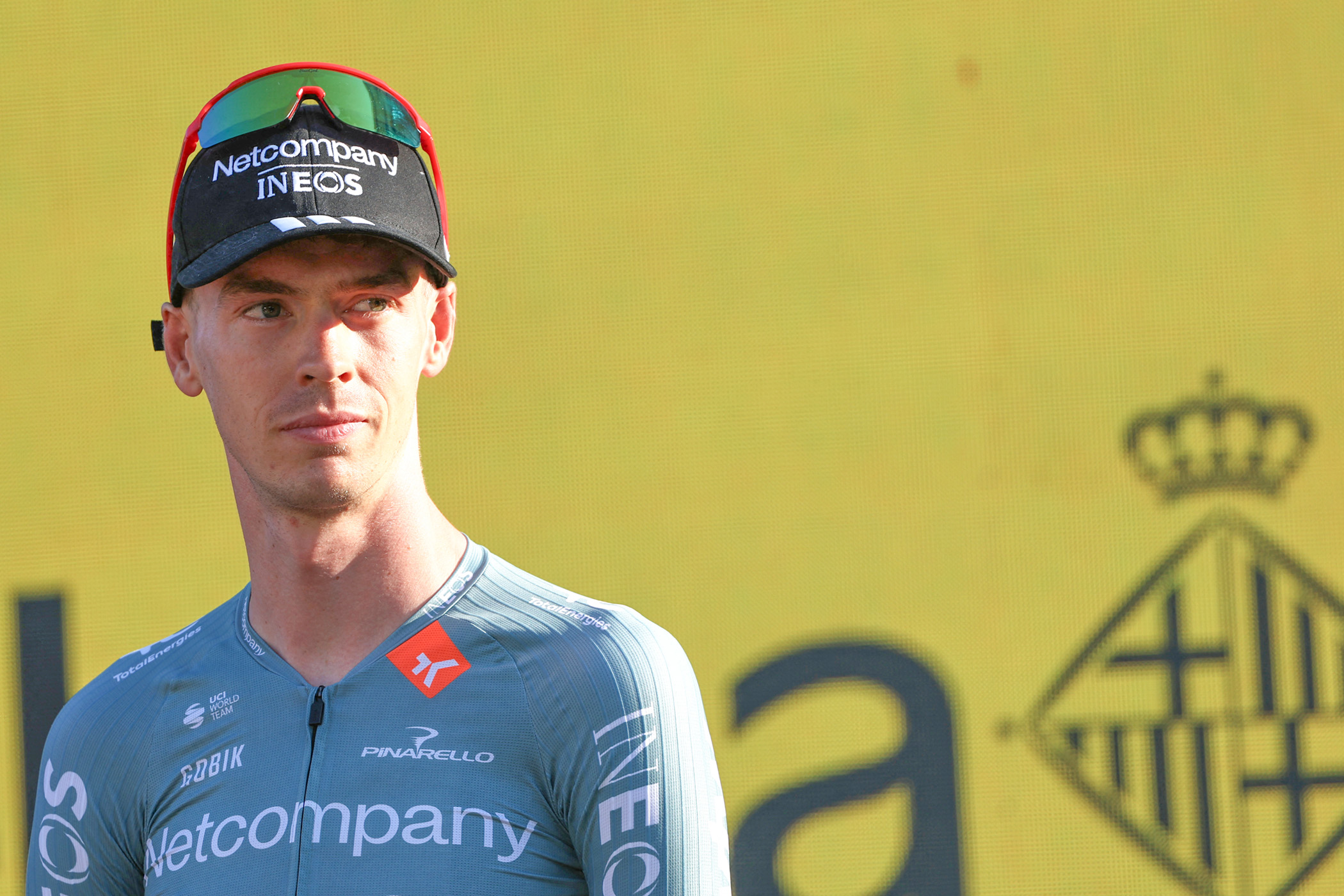 Thymen Arensman on stage at the Tour de France 2026 team presentation in Barcelona