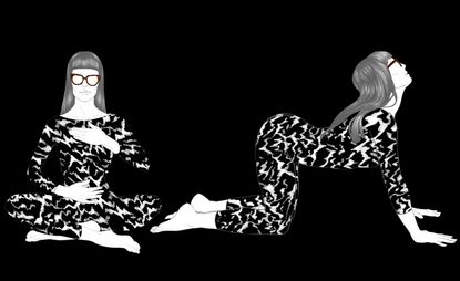 black and white illustration of Norma Kamali stretching in leopard spandex and glasses 