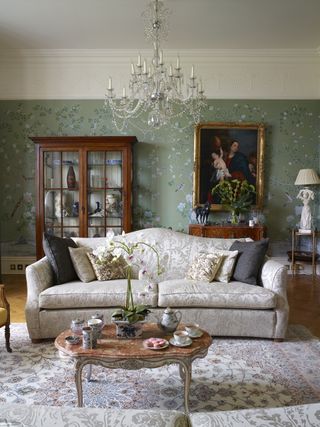 sofa and floral wallpaper in Victorian rectory
