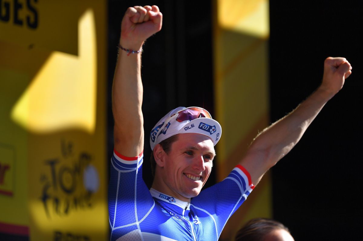 Arnaud Demare pumps the air