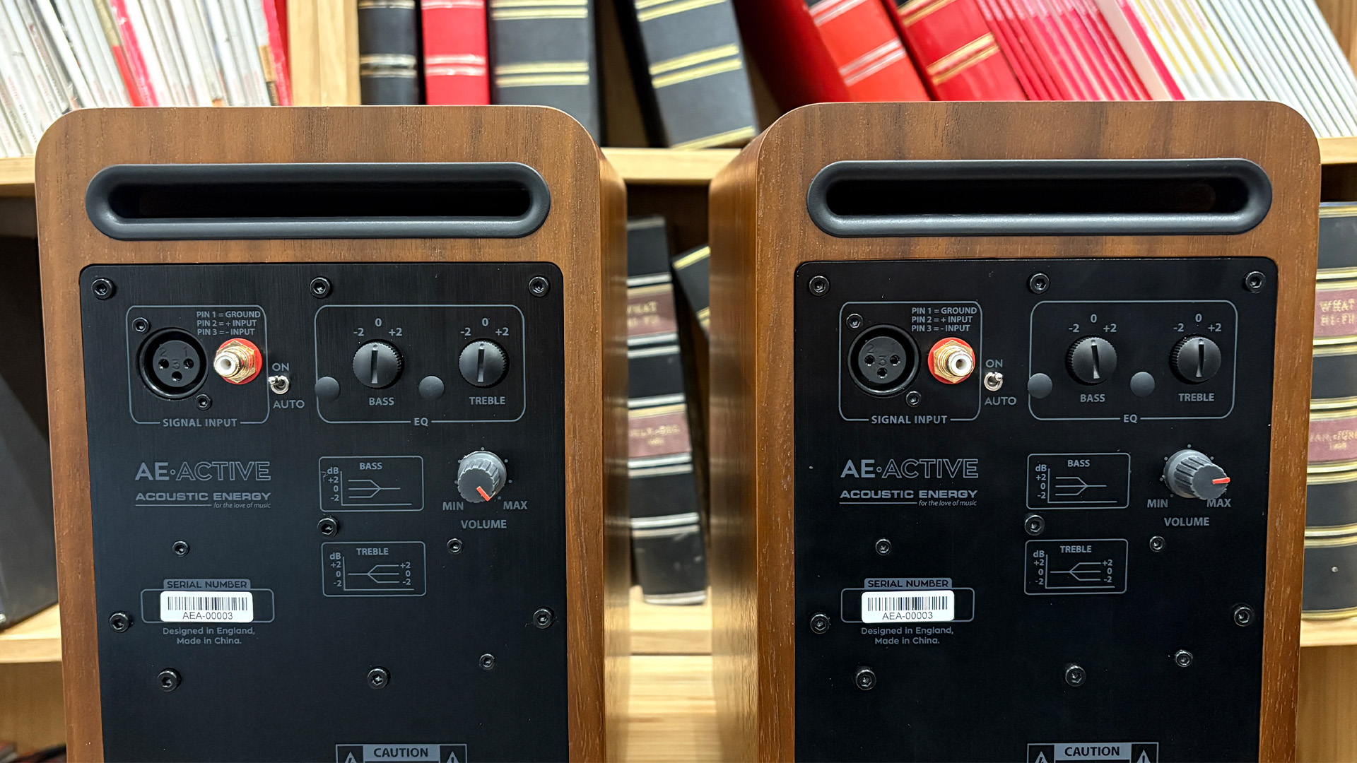 Acoustic Energy AE Active active speakers, showing rear of speakers