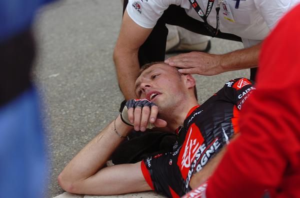 Arnaud Coyot (Caisse d'Epargne) is hurt in the crash at the end of stage four of the Tour de Suisse