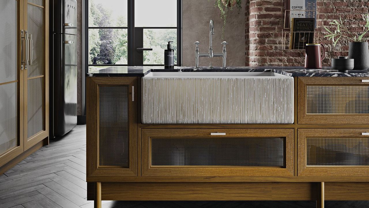 A large farmhouse sink in a kitchen