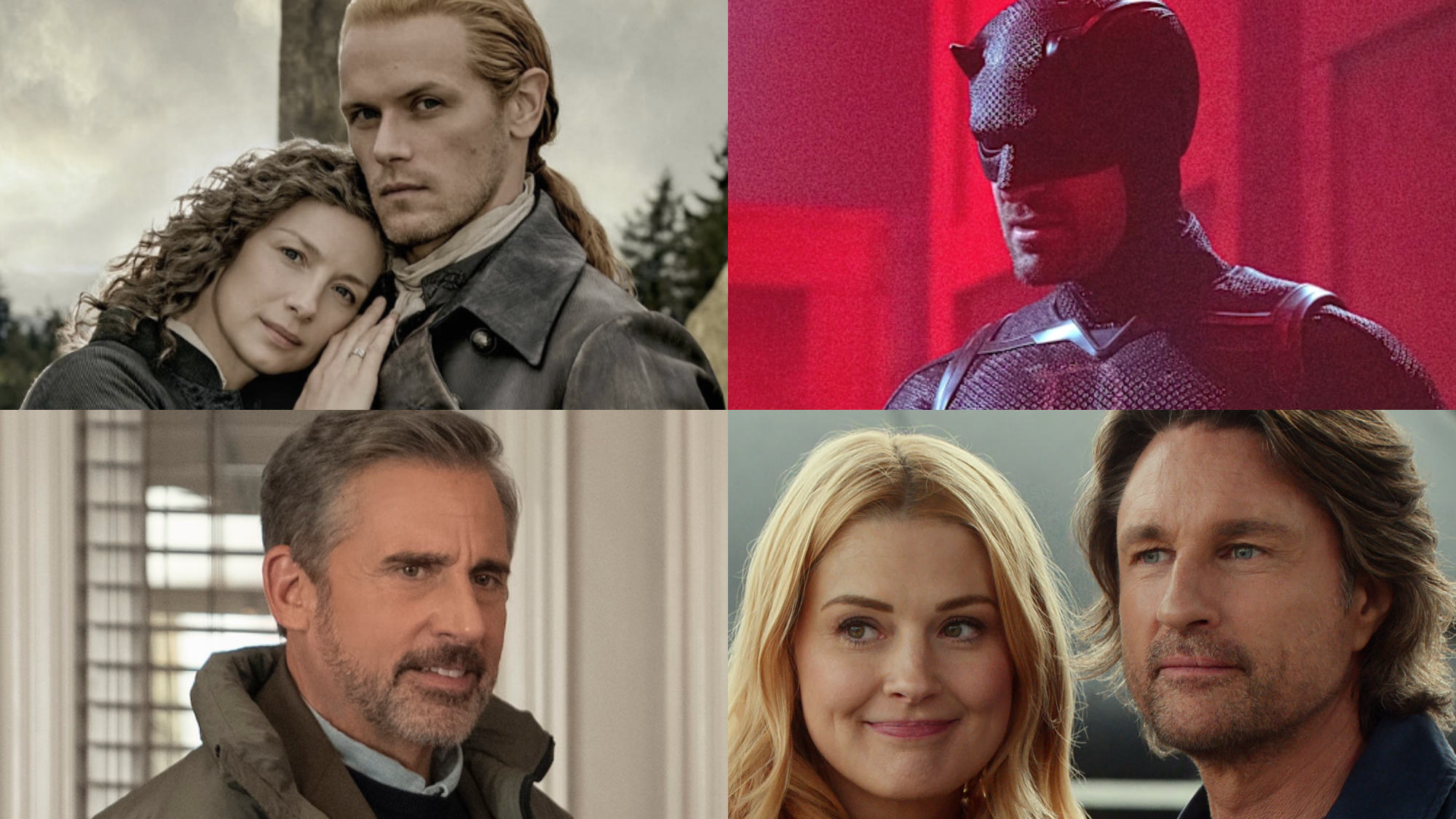 (clockwise from top left) Outlander; Daredevil: Born Again; Virgin River; Rooster