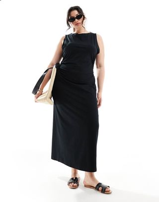 Asos Design Curve Boat Neck Maxi Dress With Ruched Sides in Black