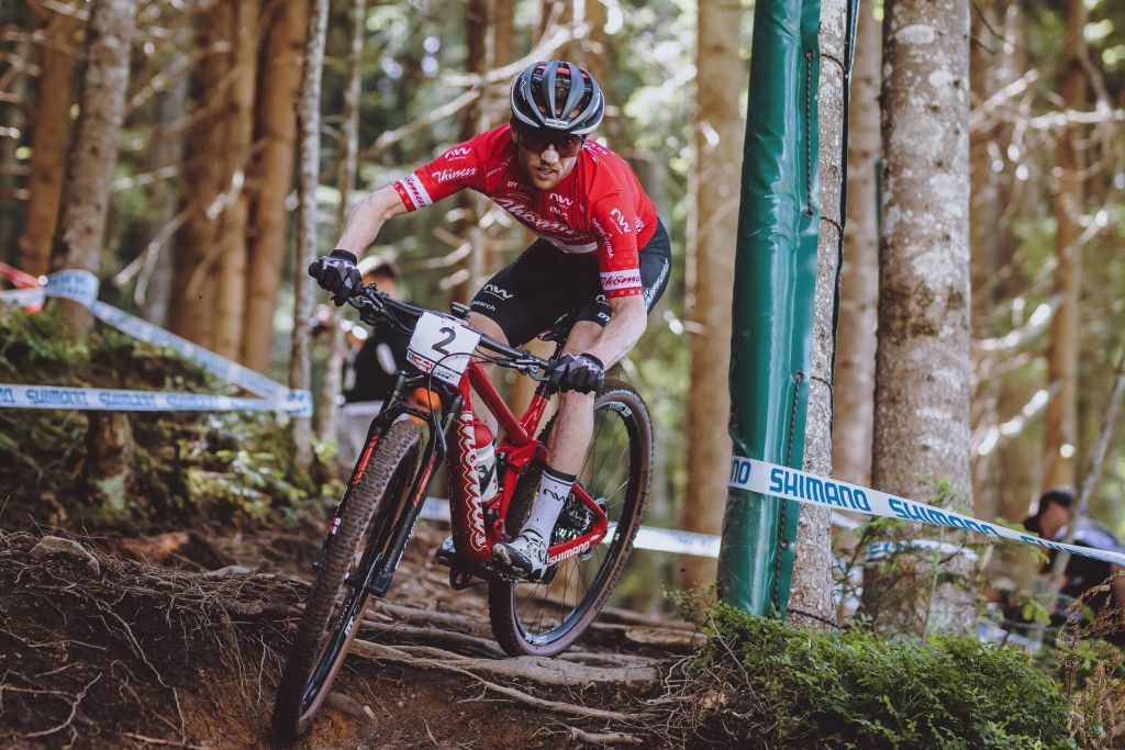 Switzerlands Mathias Fluckiger competes in the Mens Cross Country competition of the UCI Mountain Bike World Cup in Leogang Austria on June 13 2021 Austria OUT Photo by JFK various sources AFP Austria OUT Photo by JFKEXPAAFP via Getty Images