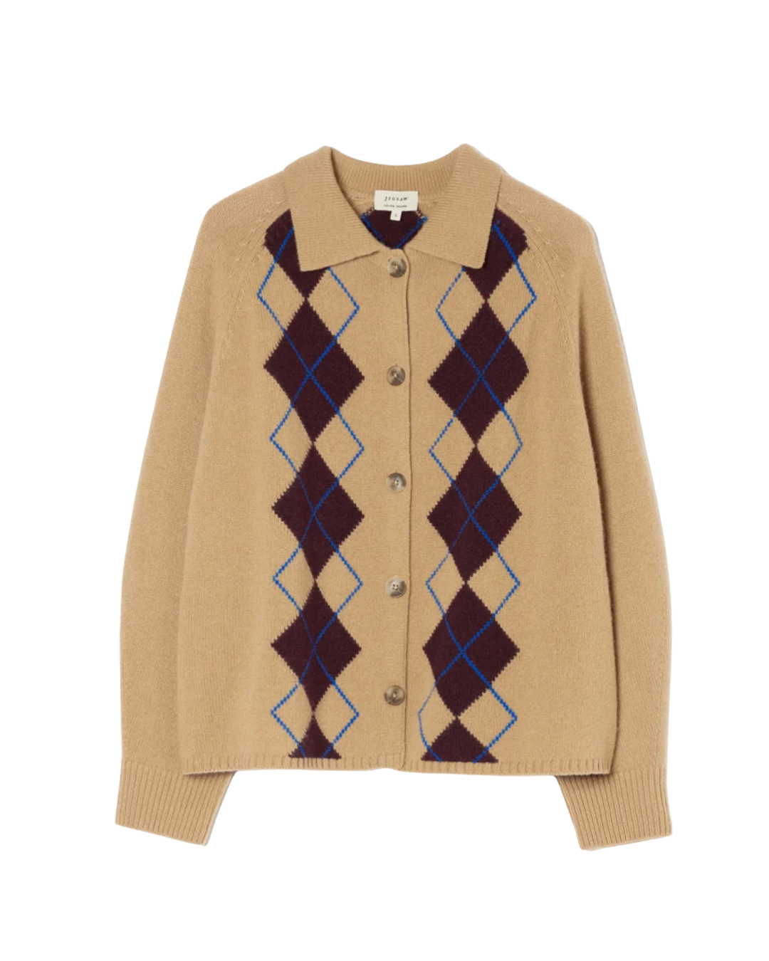 Argyle print cardigan in camel