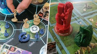 A hand places a token in a Star Wars board game, near a pair of dinosaur tokens on a board