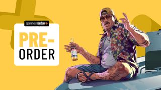 Key art from GTA 6 on a yellow background with pre-order badge