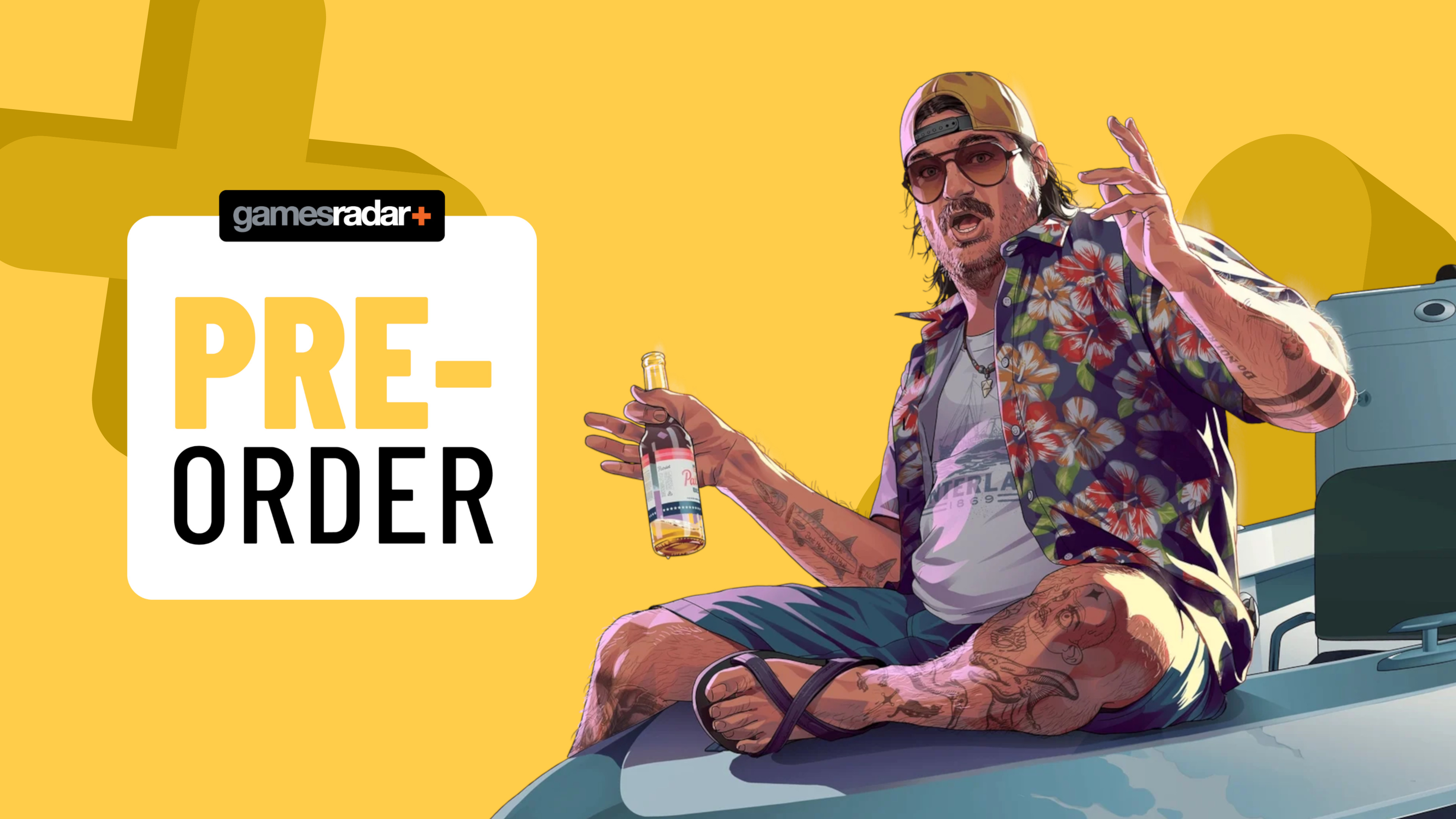 Key art from GTA 6 on a yellow background with pre-order badge