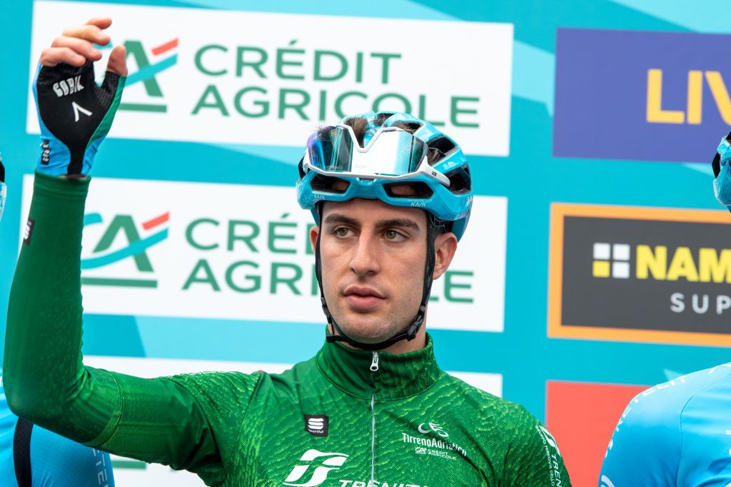 Davide Bais of Italy and EoloKometa Cycling Team Green Mountain Jersey winner during Stage 4 a 218km stage from Greccio to Tortoreto 229m on March 09 2023 in Greccio Italy Photo by Riccardo FabiNurPhoto via Getty Images