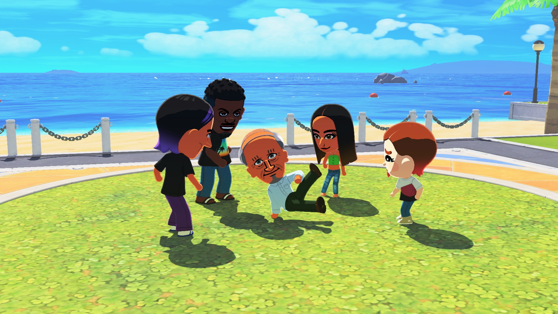 An older gentleman Mii performs a breakdance for his friends in Tomodachi Life: Living the Dream.