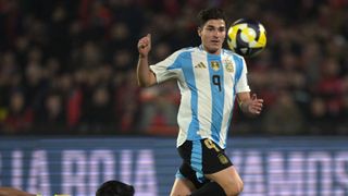 Julian Alvarez scoring against Chile in a World Cup Qualifier for Argentina.