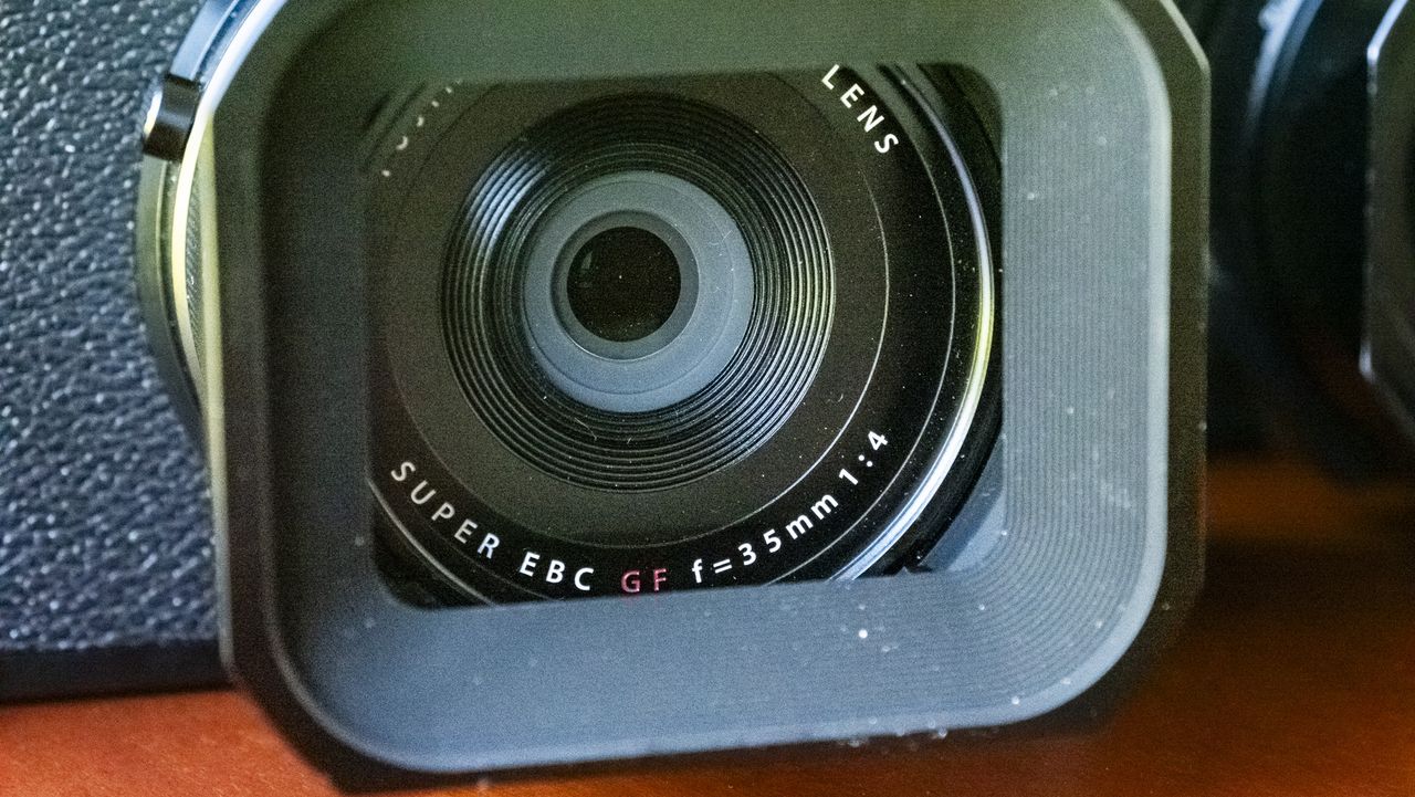 Closeup of the Fujifilm GFX100 RF's lens
