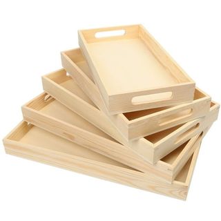 5 Unfinished Natural Wood Trays stacked at an angle on top of each other. They have cut out handles