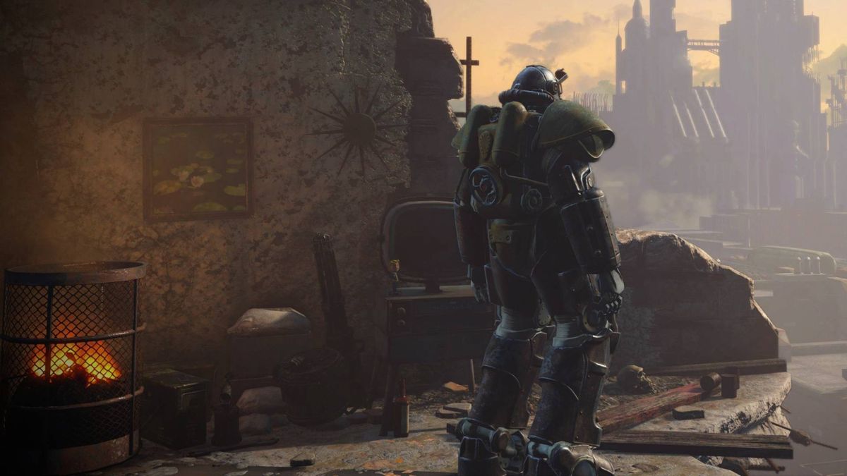 Fallout: Vault 13 mod screenshot of someone wearing power armor looking at the Necropolis skyline.