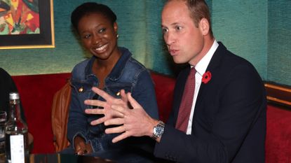 Prince William, Prince of Wales speaks with students about their experiences as he attends the Royal Africa Society Film Festival at Embankment Garden Cinema on November 02, 2022 in London, England.
