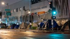 Tents that shelter homeless people line the sidewalk in Los Angeles